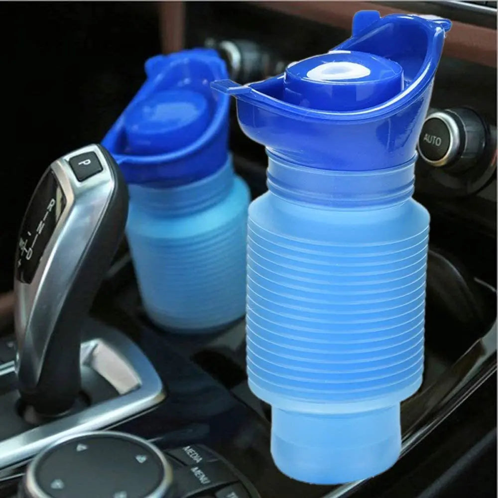 Portable collapsible urinal fitting in a car cup holder.
