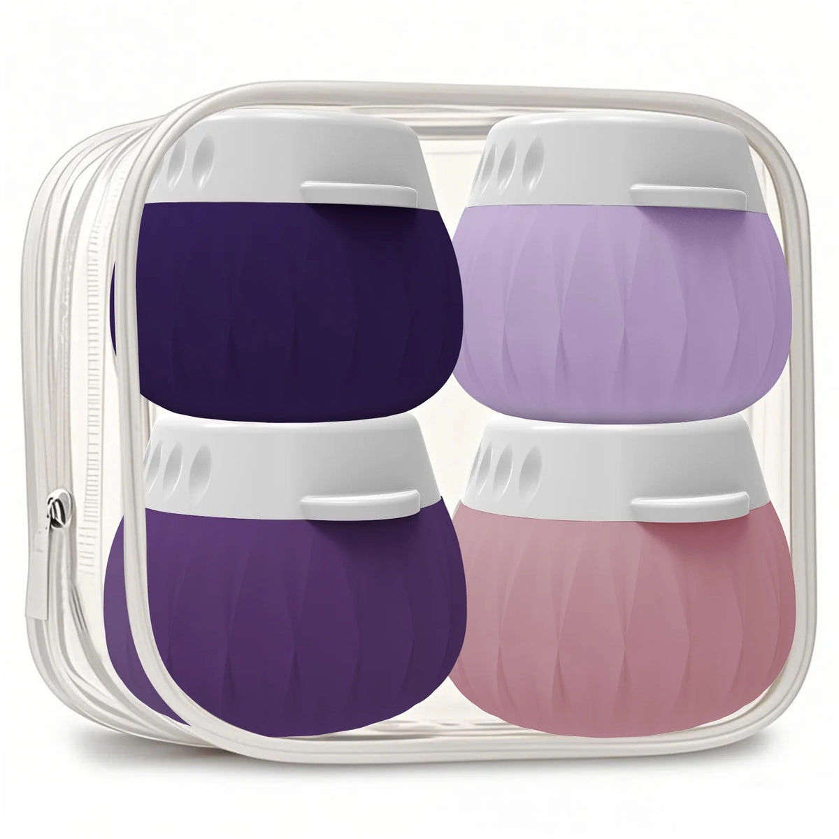 Four silicone personal care cups in purple, lavender, and pink, arranged in a clear zippered plastic storage case on a white background.