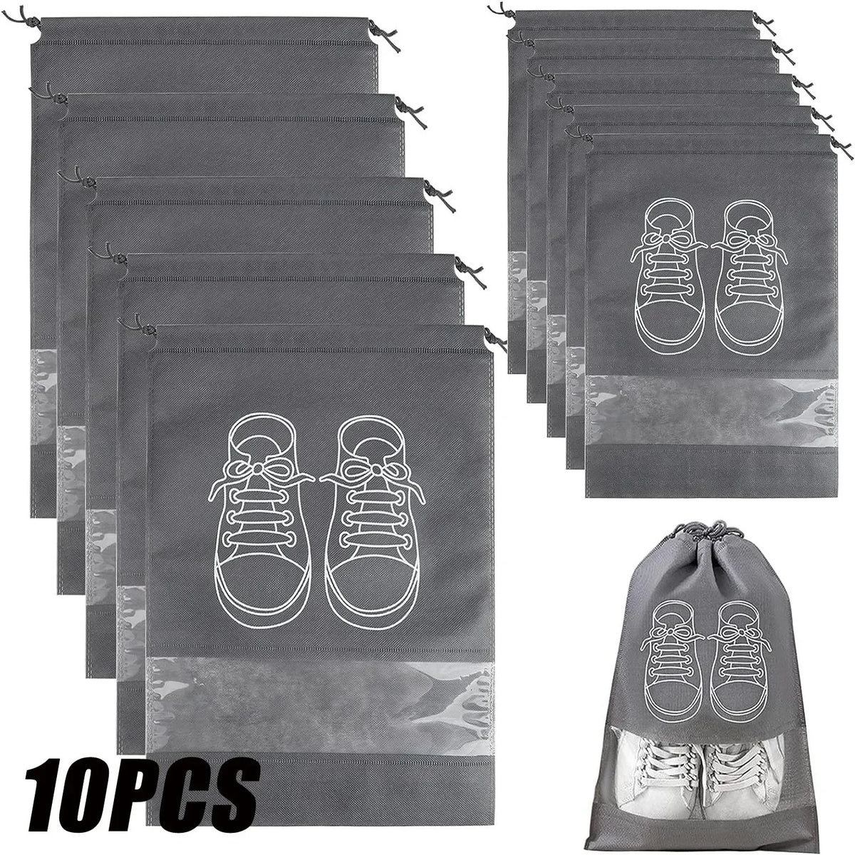 Set of gray shoe bags with white shoe illustrations, including a stack of bags and a single bag with shoes inside.
