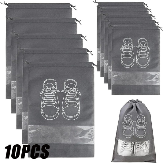 Set of gray shoe bags with white shoe illustrations, including a stack of bags and a single bag with shoes inside.