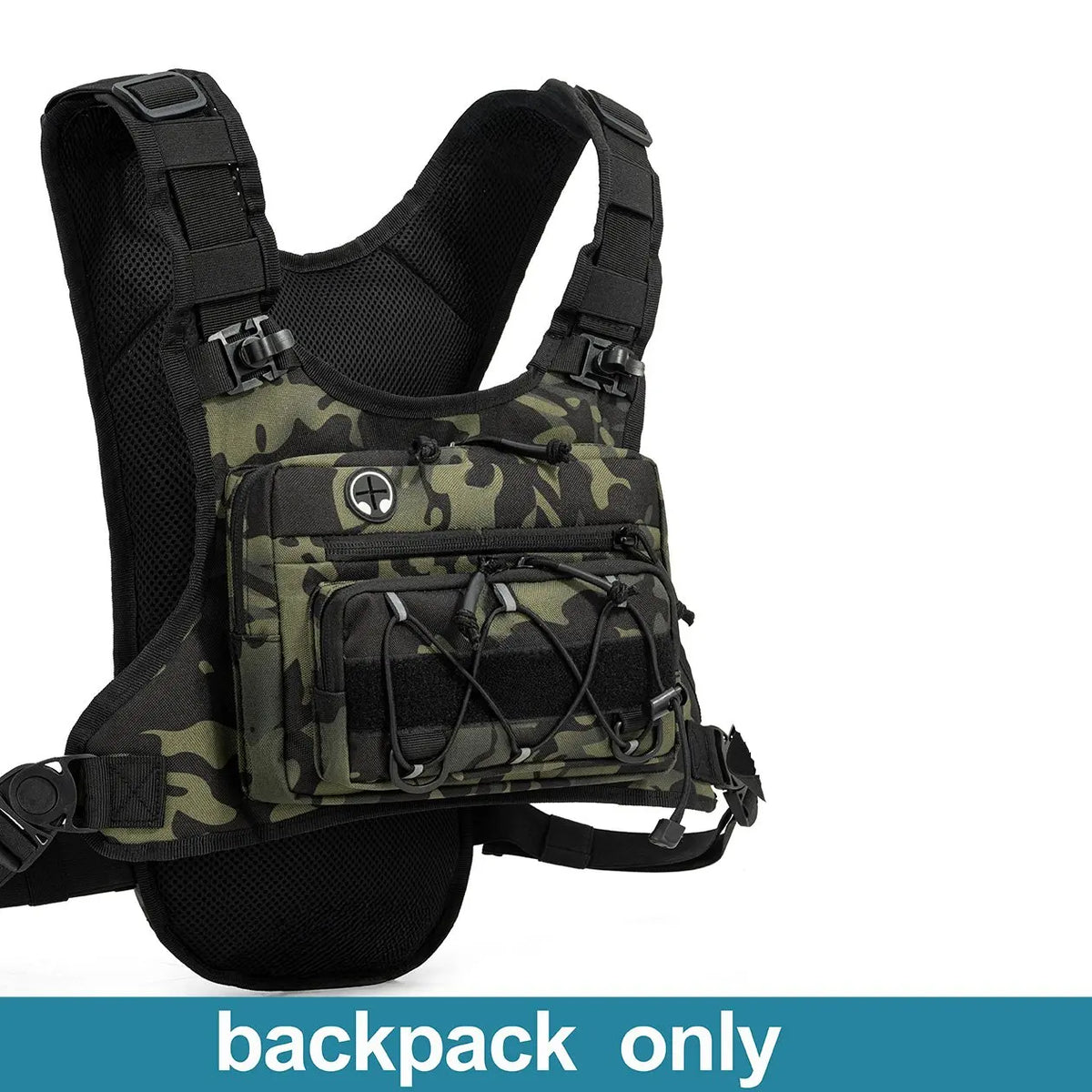 A tactical-style backpack shown on a white background. The backpack has a black mesh body with a front compartment in green and black camouflage and multiple black straps, buckles, and webbing.