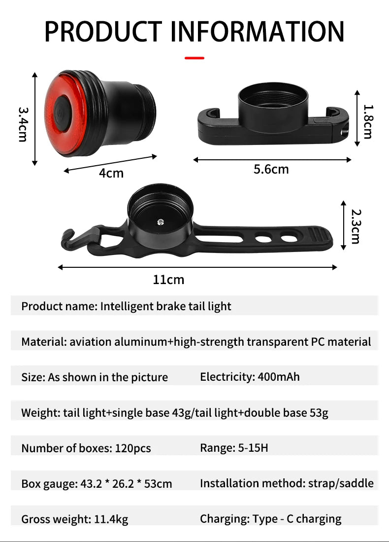 Smart Auto Brake Sensing Bike Tail Light — USB Rechargeable Waterproof LED