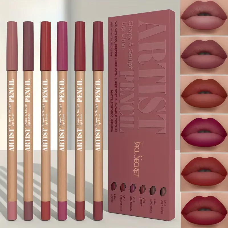 6-Piece Velvet Matte Lip Liner Pencil Set – Long-Lasting Waterproof for All Skin Tones