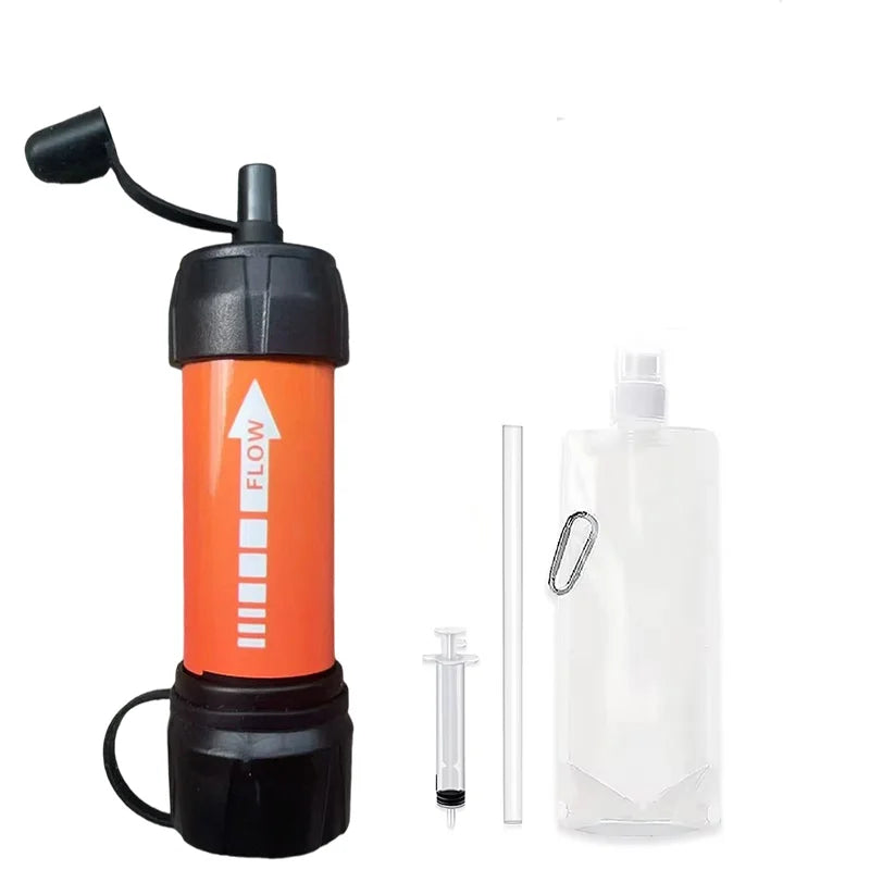 Orange and black filter straw with accessories on a white background