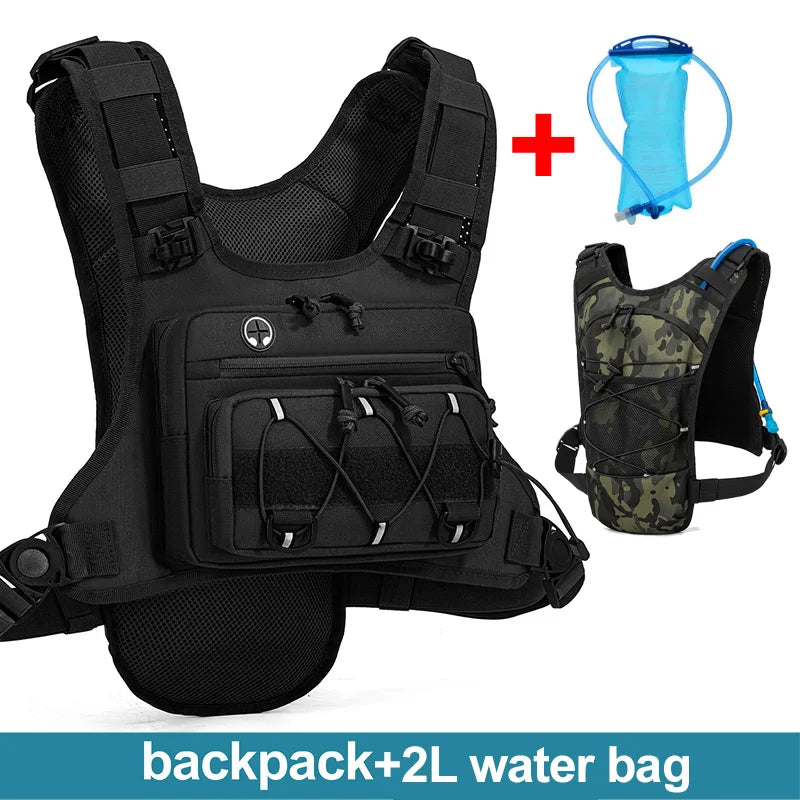 Black tactical vest with a blue water bag and camouflage vest on a white background