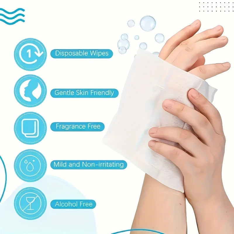 Disposable wipes being used with features listed on a white background