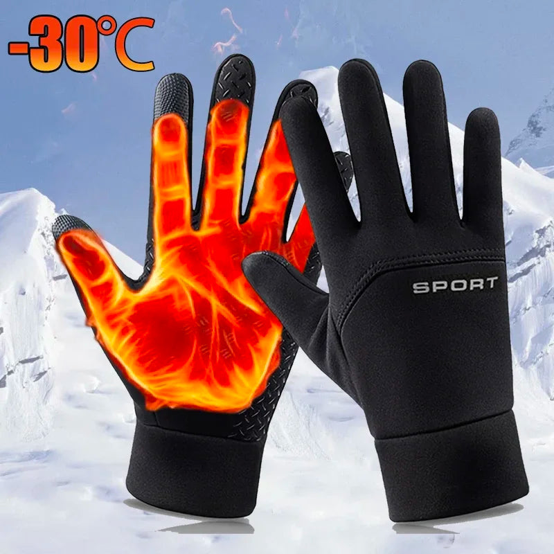 Black gloves with flame-like design on palm against a snowy mountain background