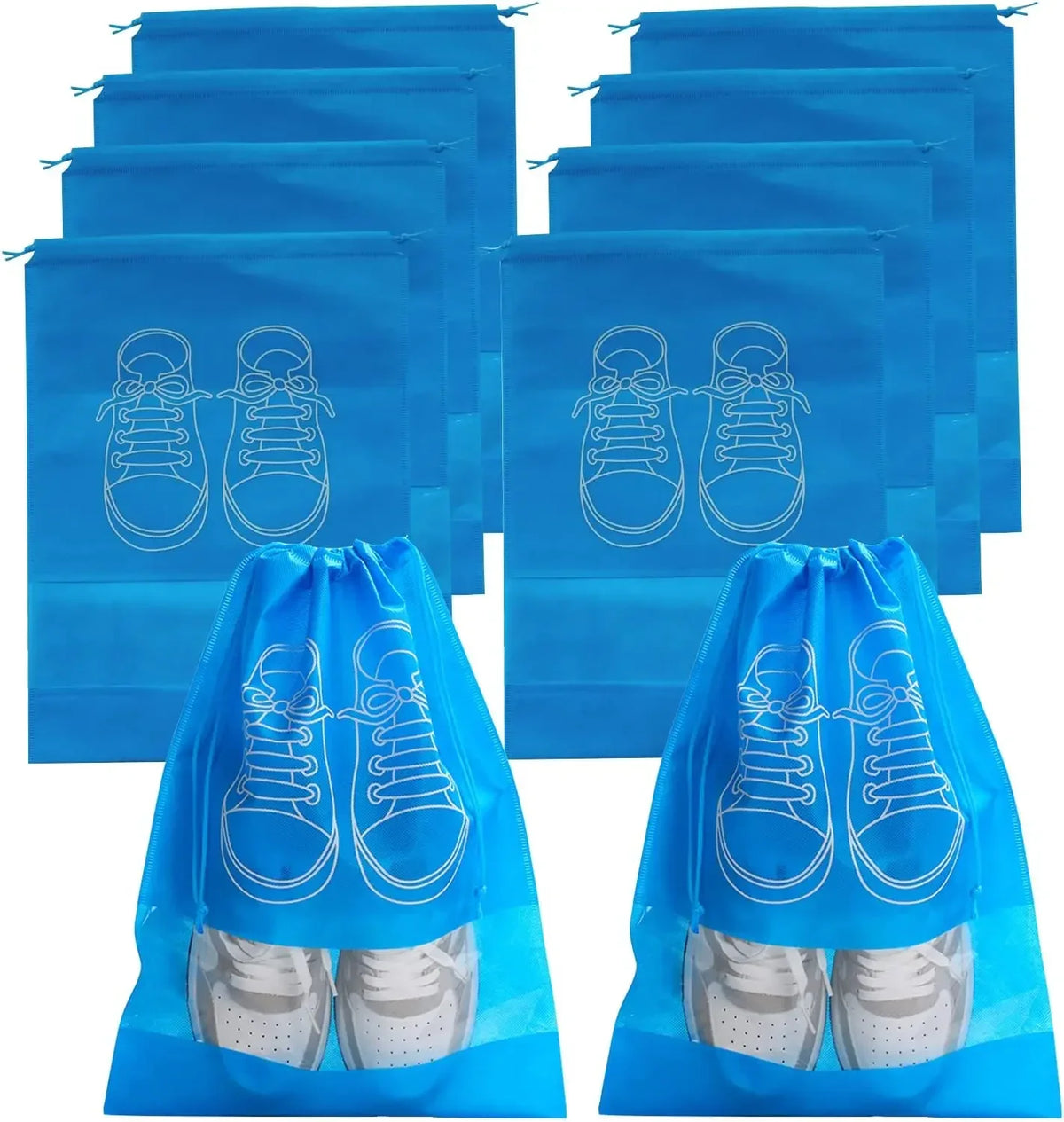 Set of blue shoe bags with white shoe illustrations on a white background