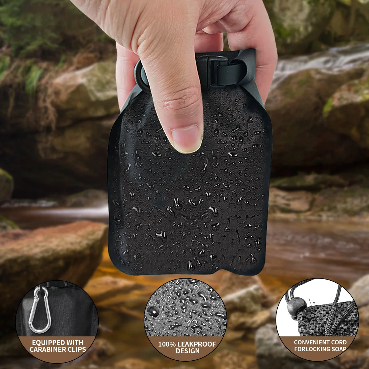 Black soap holder with water droplets held by a hand, outdoor background