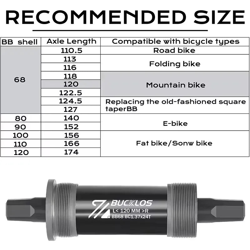 BUCKLOS Square Taper Bottom Bracket — BB68 / BB100 Threaded CNC