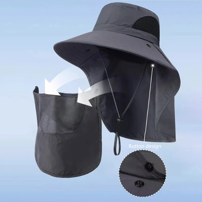 Gray sun hat with neck flap and button design on a light blue background