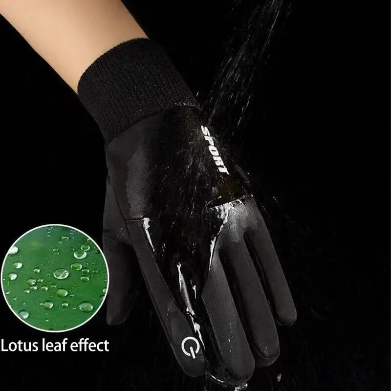 Black gloves with a brand logo, showing water droplets on the surface, against a dark background.