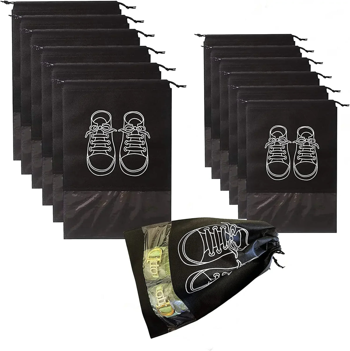 Set of black drawstring bags with shoe icon on a white background