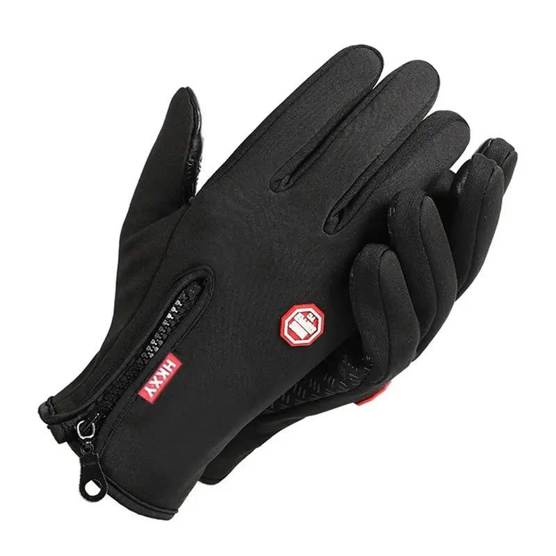 Black gloves with a zipper and red logo on a white background