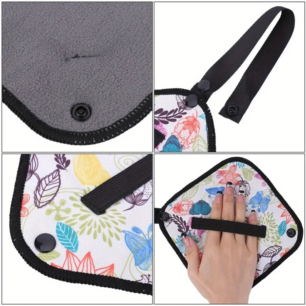 Collage of a floral-patterned pouch with black straps and a hand holding it.