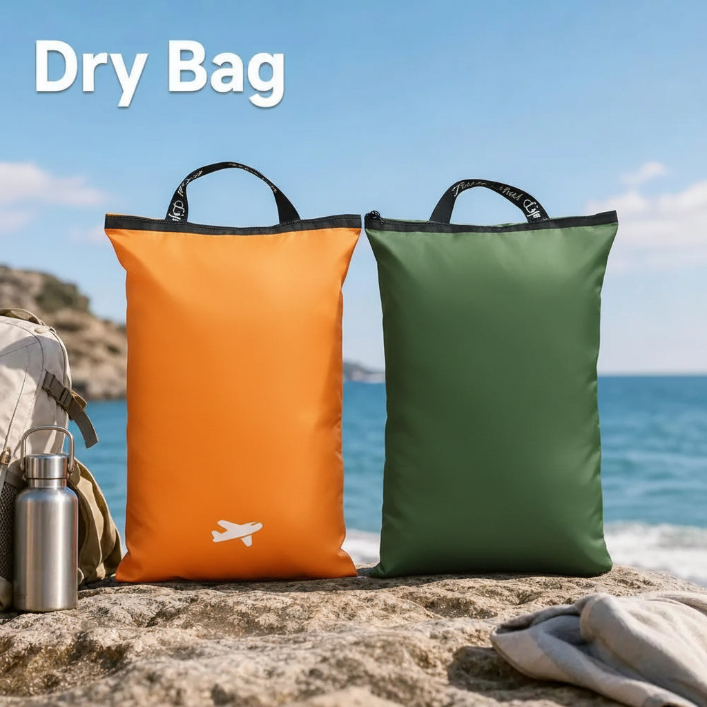 Two dry bags, one orange and one green, standing on a rocky beach with the ocean and blue sky in the background. White text at the top reads 'Dry Bag'.