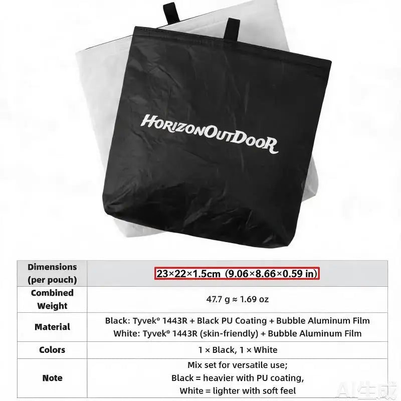 A black and white dual-color outdoor tote bag with 'Horizon Outdoors' printed in white on the front, shown above a specification table detailing its dimensions, weight, material, and color mix.