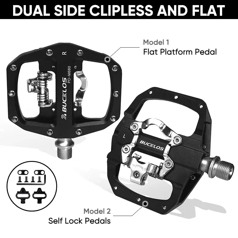 Bucklos MTB SPD Dual-Function Pedals – Clipless & Flat Platform, Non-Slip