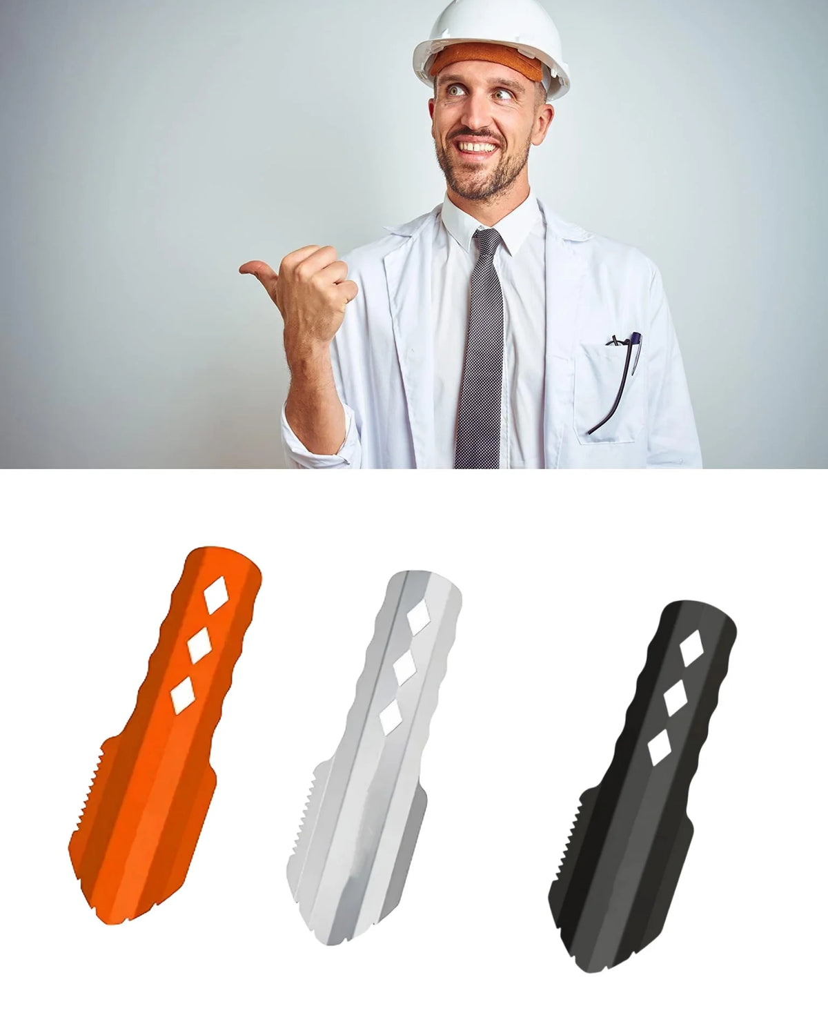 Man pointing to the left with three different colored tools below on a white background