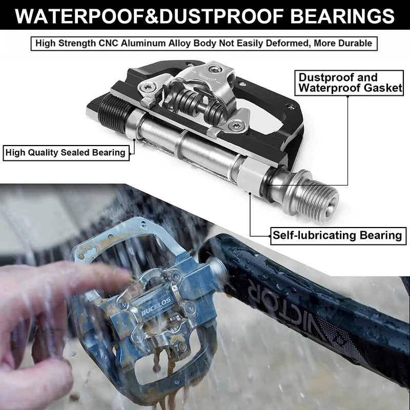 Bucklos MTB SPD Dual-Function Pedals – Clipless & Flat Platform, Non-Slip