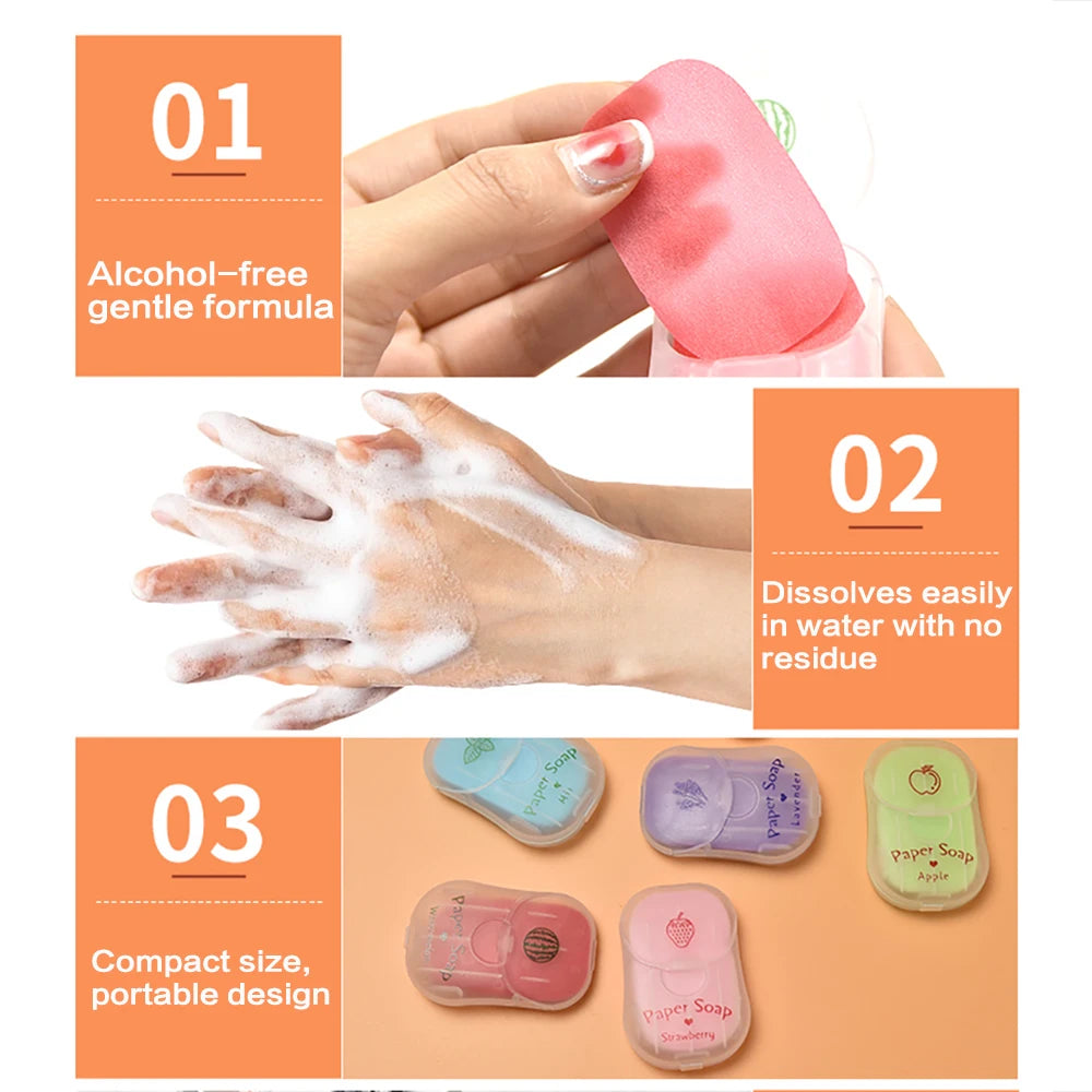 Hand soap product with text highlighting features like alcohol-free formula, easy dissolution, and compact design.