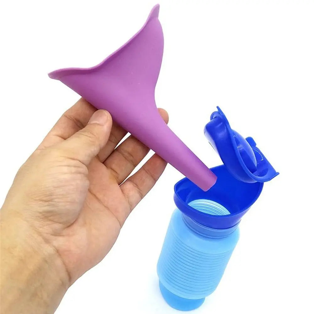 Purple silicone funnel held over a blue container with a white background