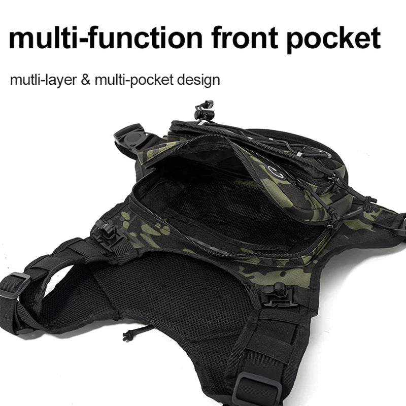 Black and green camouflage backpack with multi-function front pocket on a white background