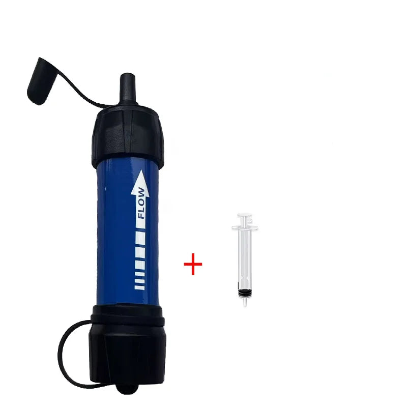 Blue and black water filter with a syringe on a white background