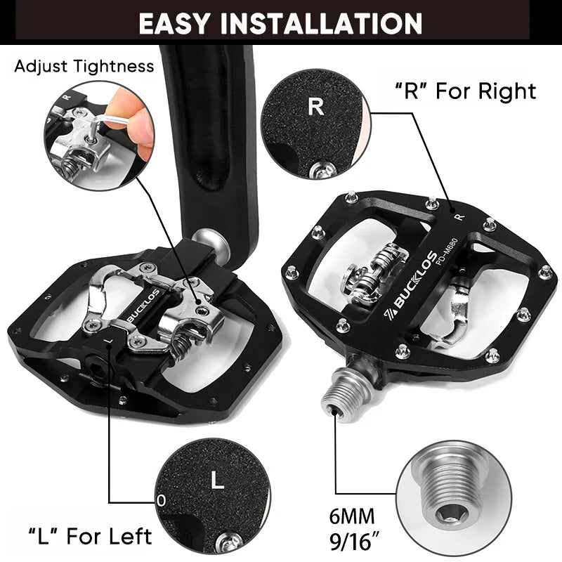 Bucklos MTB SPD Dual-Function Pedals – Clipless & Flat Platform, Non-Slip