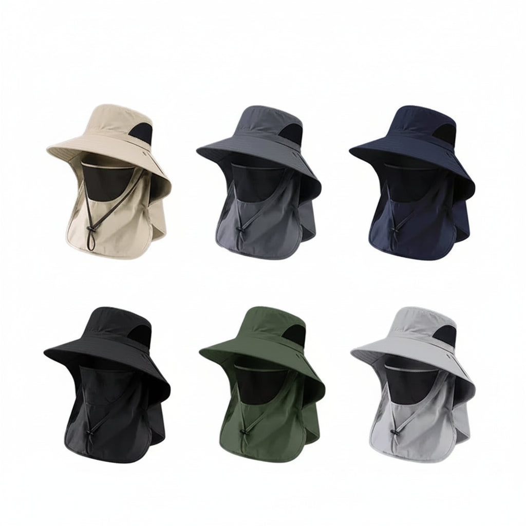 Set of six sun hats with neck flaps in various colors on a white background.