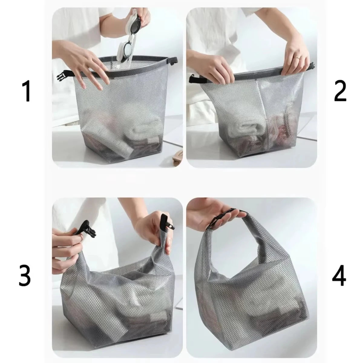 Four-panel demonstration showing a gray mesh zippered bag being filled with folded towels and handled by hands, with numbered callouts 1 through 4 on a light background.