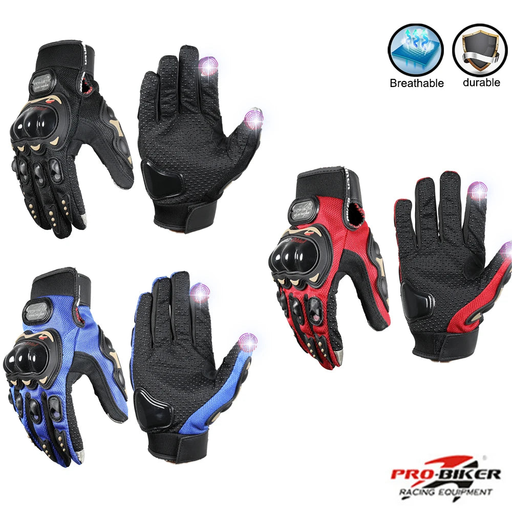 Set of black, blue, and red gloves with visible branding on a white background