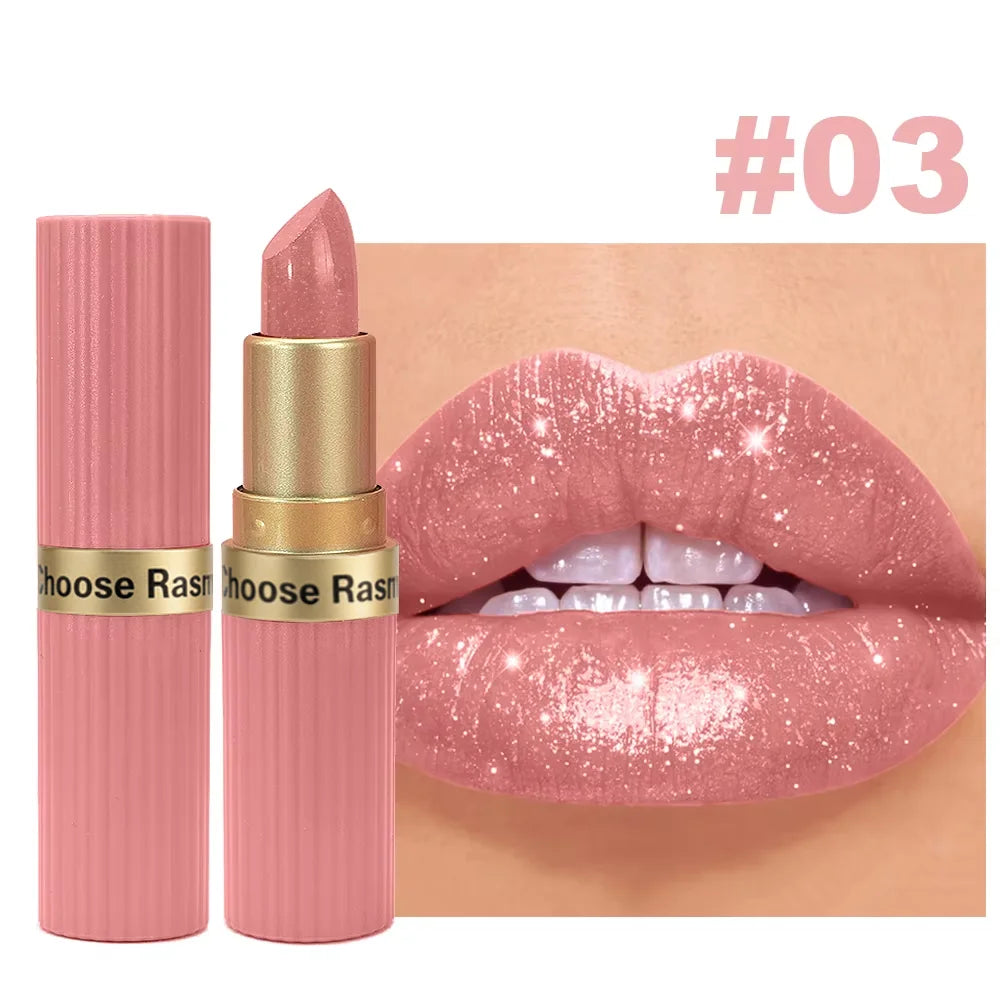 Pearlescent Pink Glitter Velvet Lipstick – Metallic Waterproof Shimmer Diamond Finish