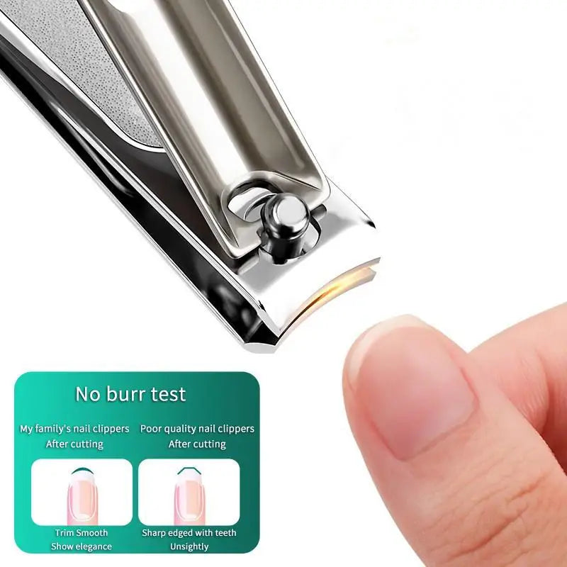 Metal nail clipper being used on a thumb with a 'No burr test' label below.
