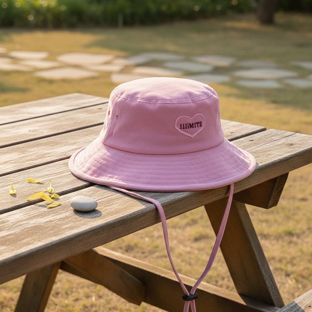Person wearing a pink hat and sunglasses, holding a colorful drink cup.