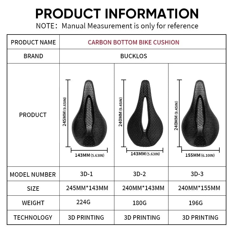 Bucklos Carbon 3D Printed Bicycle Saddle – 143mm/155mm Road & Mountain Bike