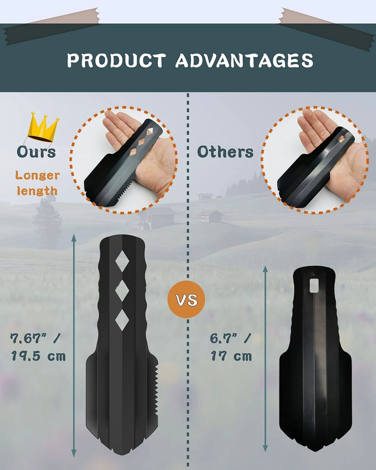 Comparison of product length on a scenic background.