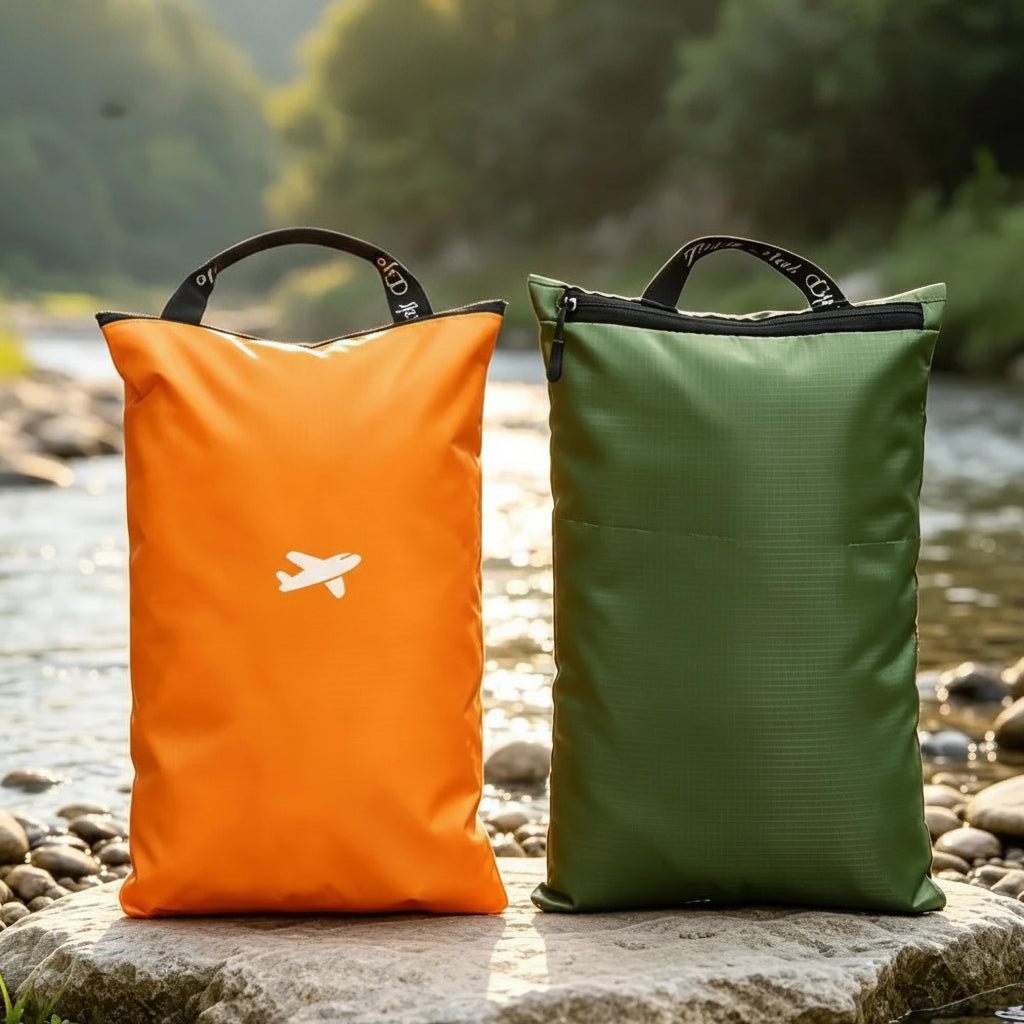 Two waterproof storage bags standing on rocks beside a stream, one orange and one green, with orange text reading 'Waterproof Storage Bag' at the top.