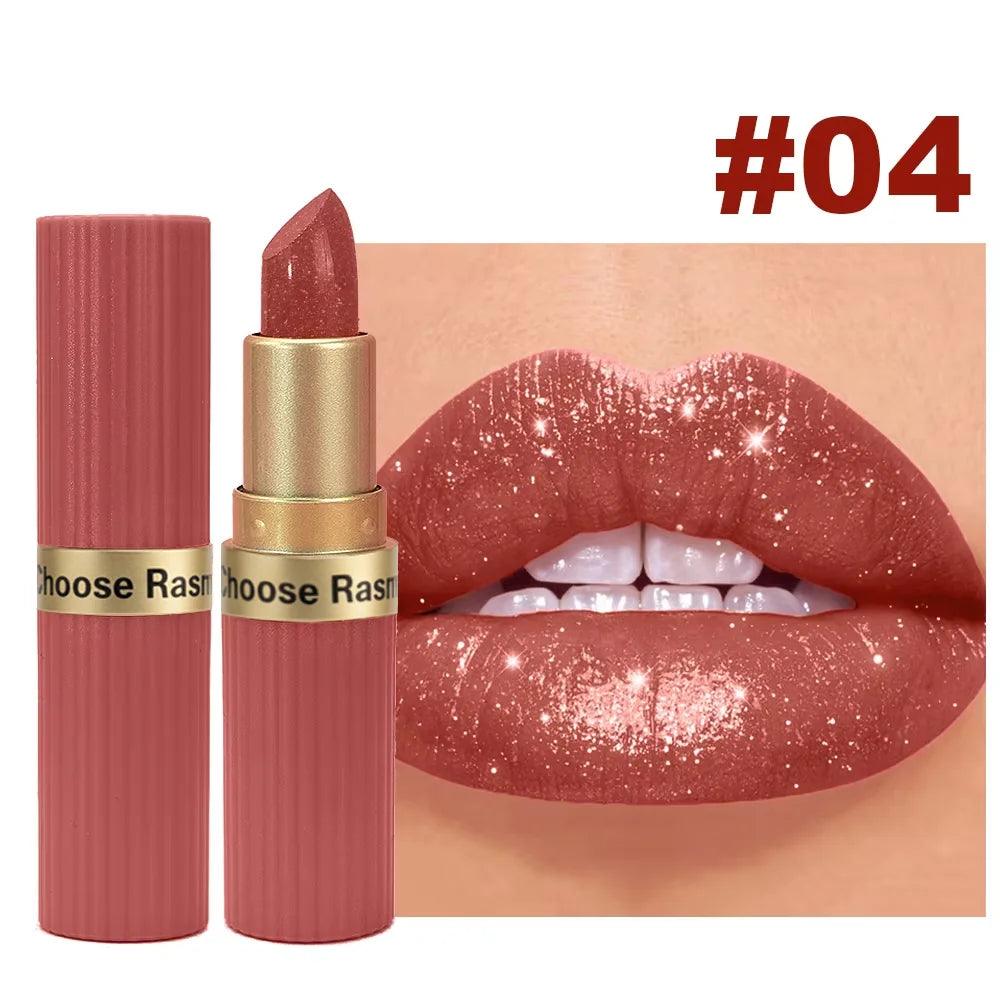 Pearlescent Pink Glitter Velvet Lipstick – Metallic Waterproof Shimmer Diamond Finish
