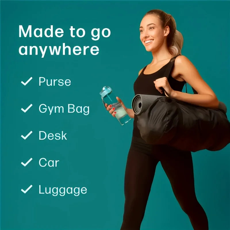 Woman holding a water bottle and yoga mat with text 'Made to go anywhere' on a teal background