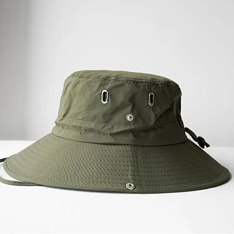 Green bucket hat with a strap on a white background