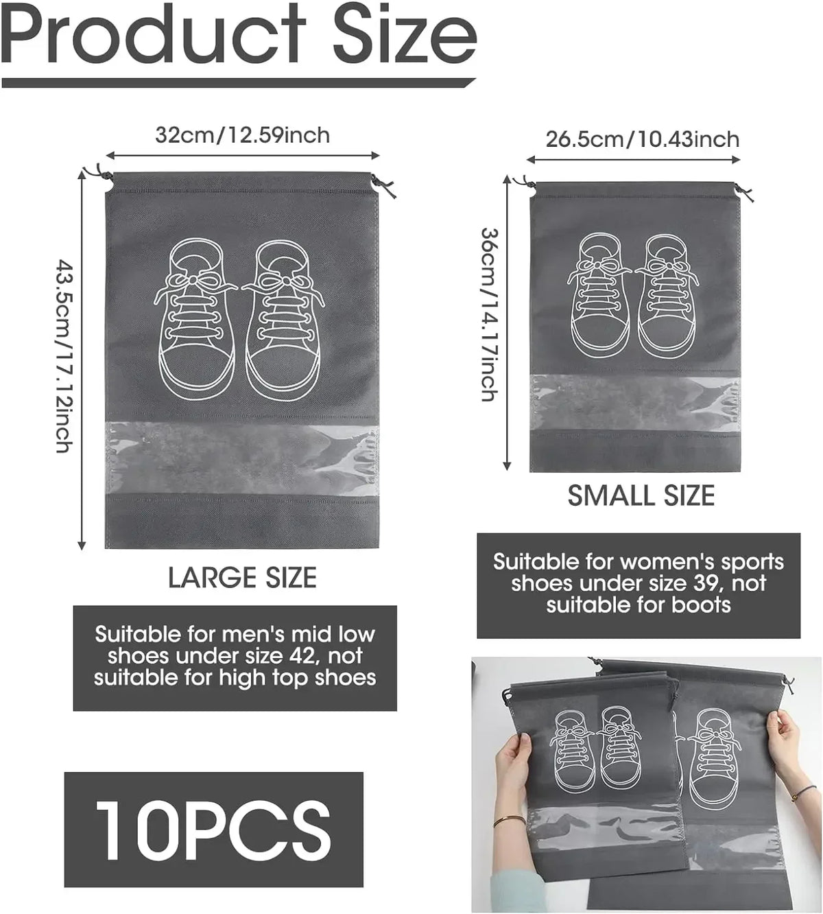 Product size chart for shoe bags with dimensions and suitability notes.