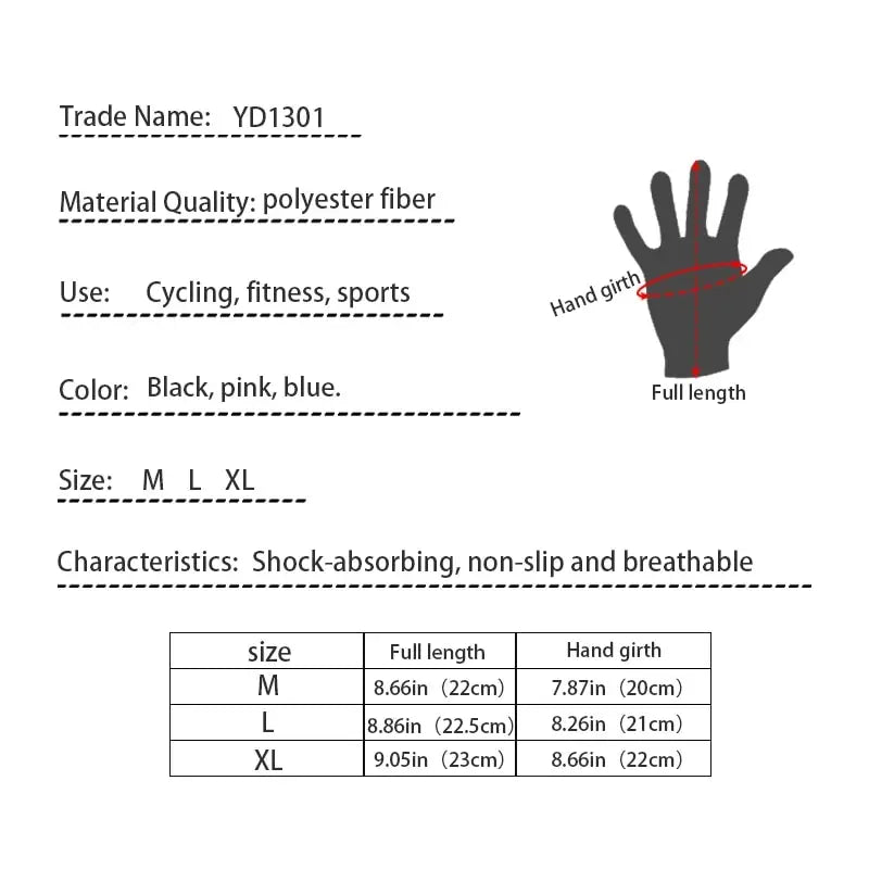 Product label with specifications for gloves including material, use, color, size, and dimensions.