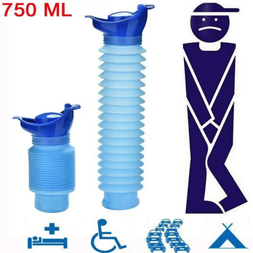 Portable collapsible urinal with 750ml capacity and unisex icons on a white background