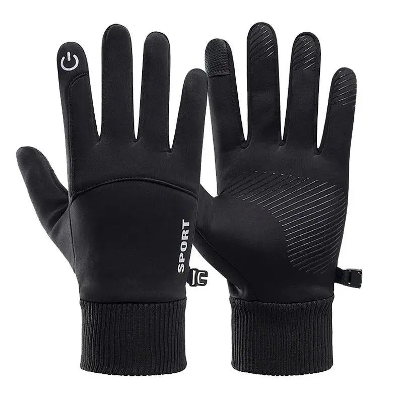 Black touchscreen gloves with power button on a white background