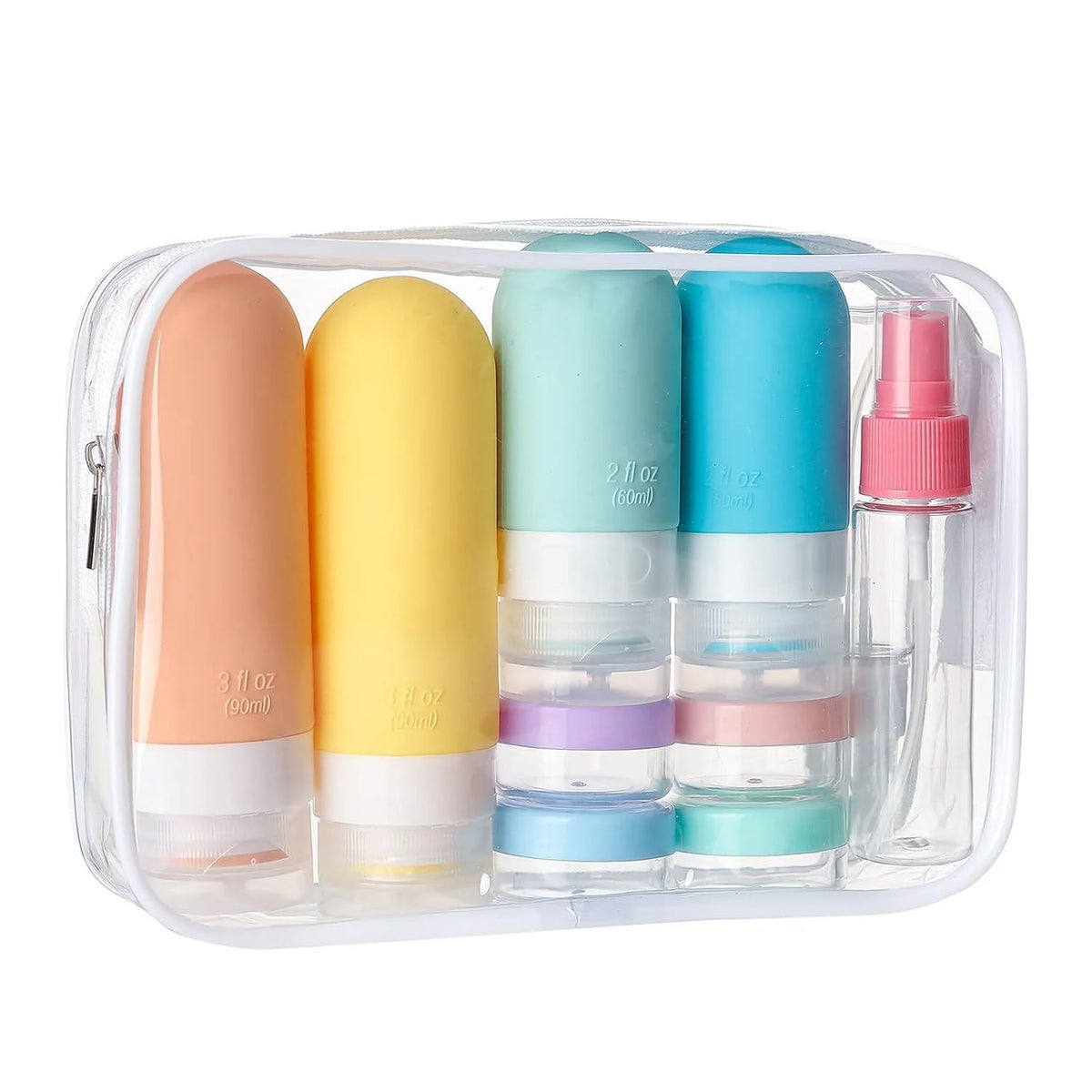 Set of colorful travel-sized bottles with a clear case on a white background