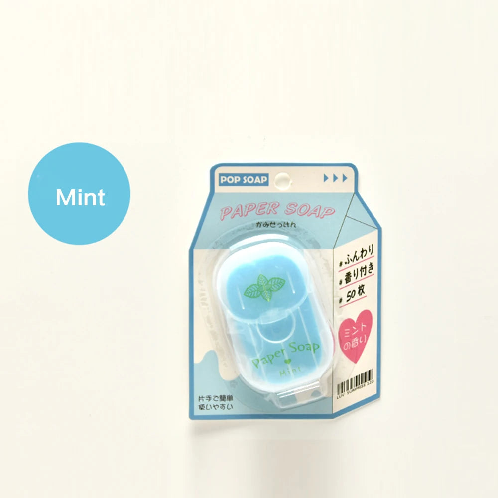 Packaged paper soap with mint flavor on a light gray background