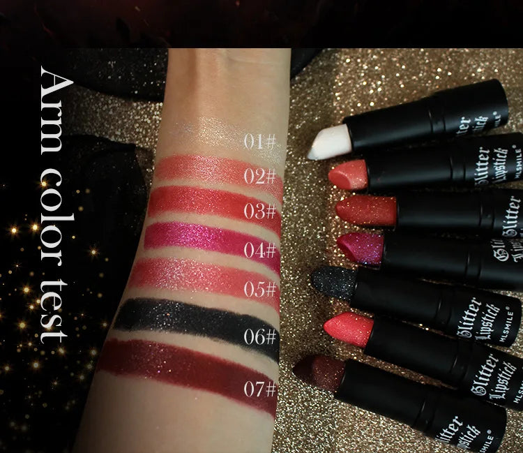 7-Colour Glitter Metallic Lipstick – Waterproof Long-Lasting Diamond Pearlescent Lip Colour