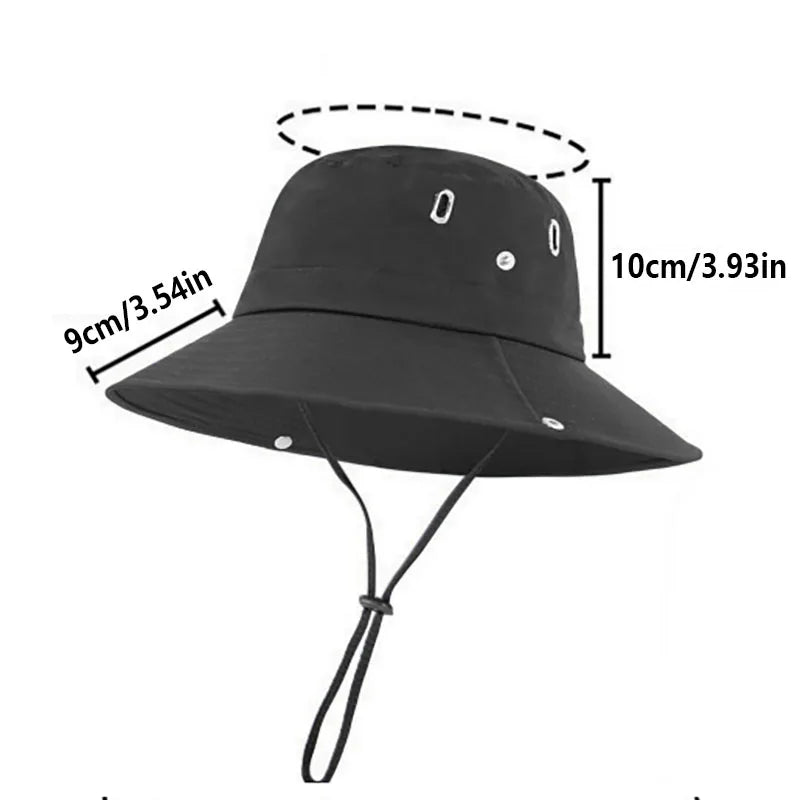 Black bucket hat with measurements on a white background