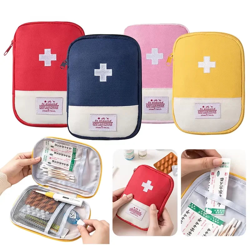 Set of colorful first aid kits with open kit showing contents on a white background.